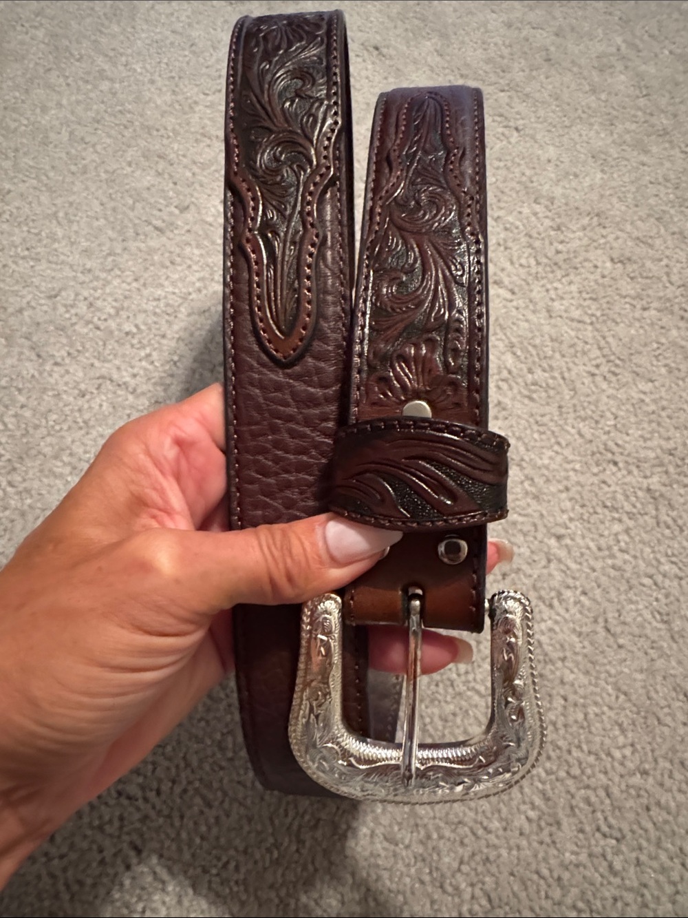 Nocona Vintage Tooled Brown Buffalo Leather Western Belt with Silver Buckle